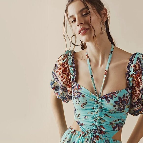 NWT Free People turquoise blue tropical floral print one piece jumpsuit, S - Picture 4 of 16